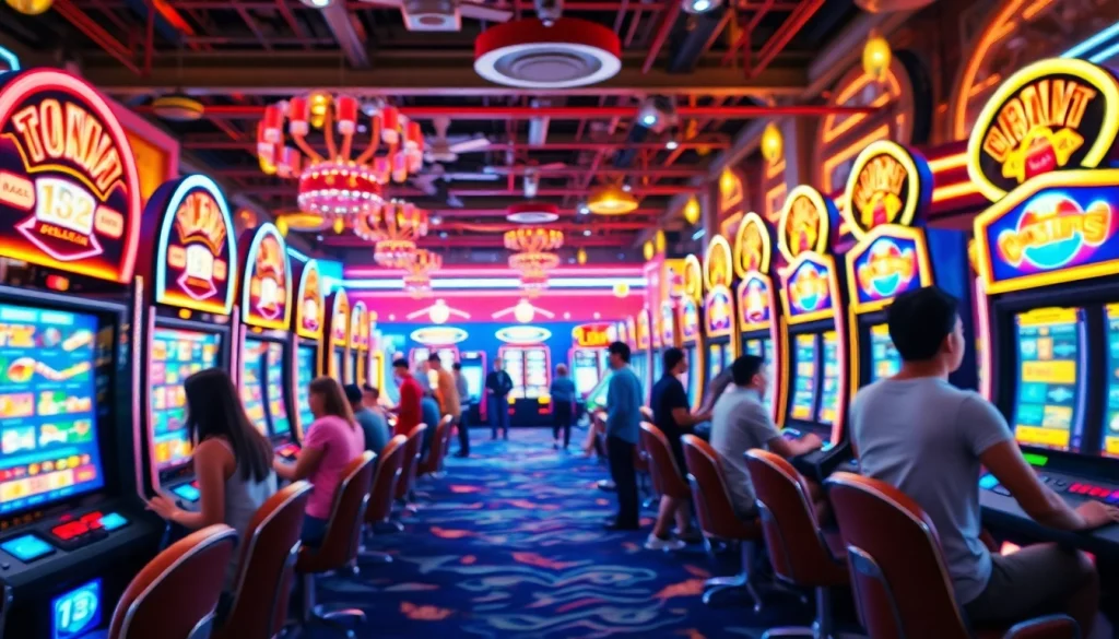Dynamic online gaming scene with doaslot players and colorful slot machines.