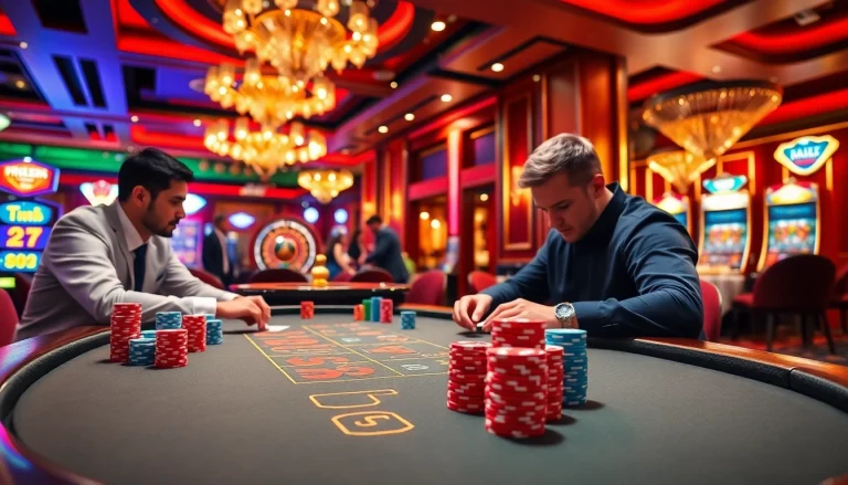 Engage with high-stakes gaming at ib88 poker table, showcasing vibrant chips and intense competition.