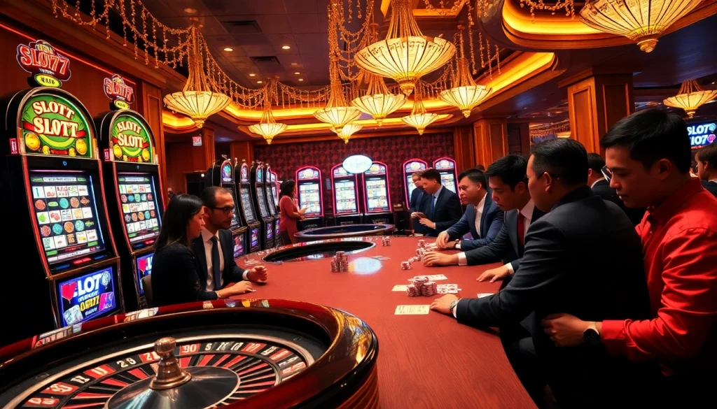 Spin the Slot777 machines amidst an elegant casino atmosphere packed with excitement.