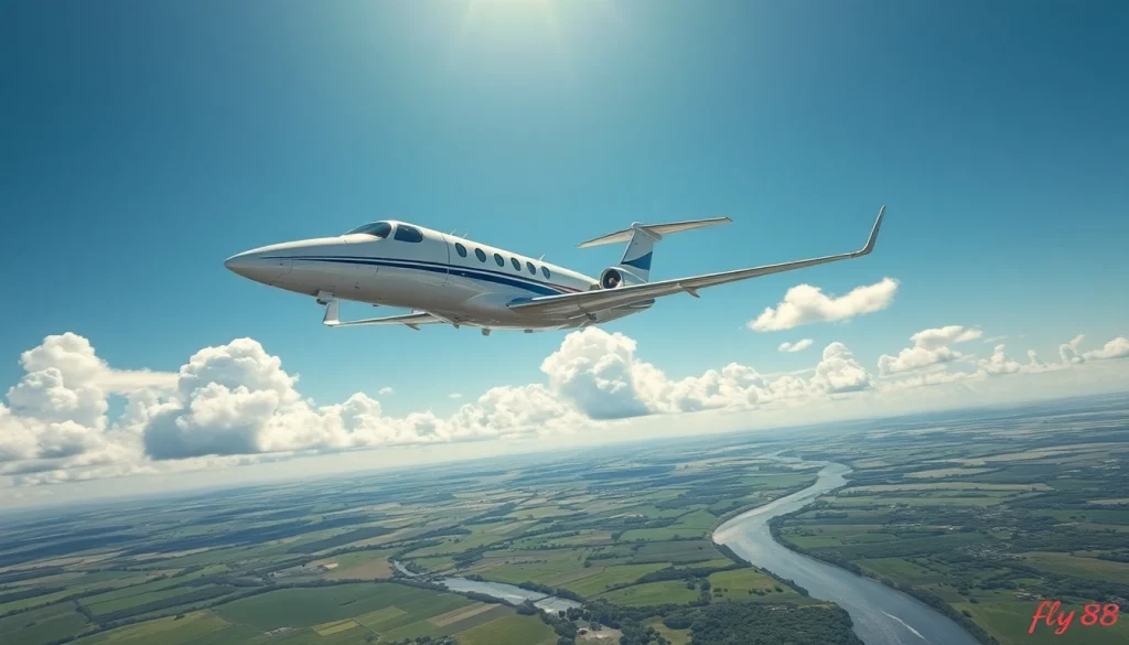 Experience luxury aviation with Fly 88's sleek private jet soaring through a bright blue sky.
