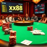 Experience the thrilling excitement of xx88 with poker chips and a roulette wheel at a luxurious casino.