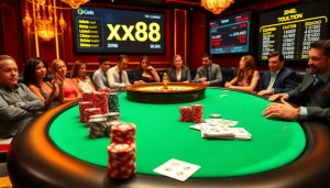 Experience the thrilling excitement of xx88 with poker chips and a roulette wheel at a luxurious casino.