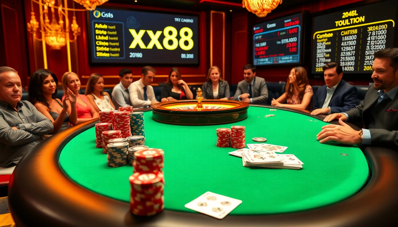 Experience the thrilling excitement of xx88 with poker chips and a roulette wheel at a luxurious casino.