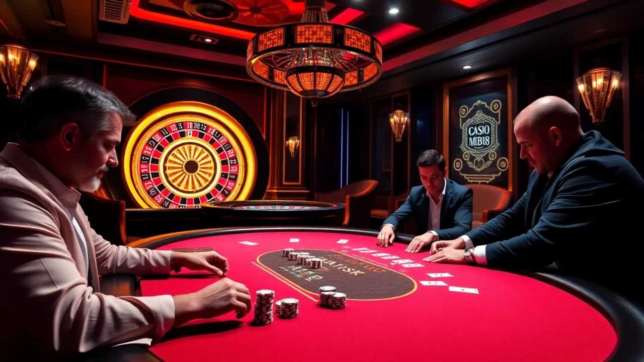 MM88 poker players strategizing at a high-stakes table in an elegant casino.