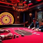 MM88 poker players strategizing at a high-stakes table in an elegant casino.