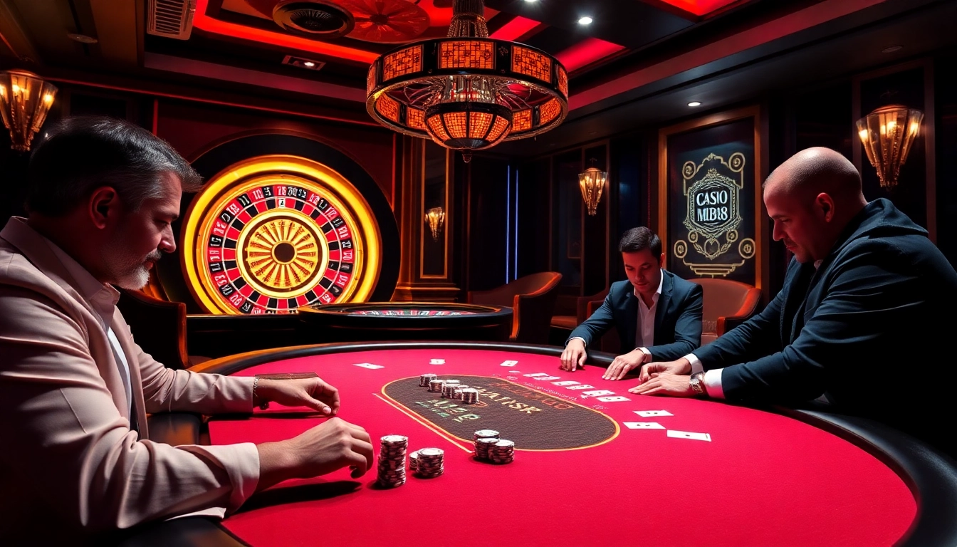 MM88 poker players strategizing at a high-stakes table in an elegant casino.