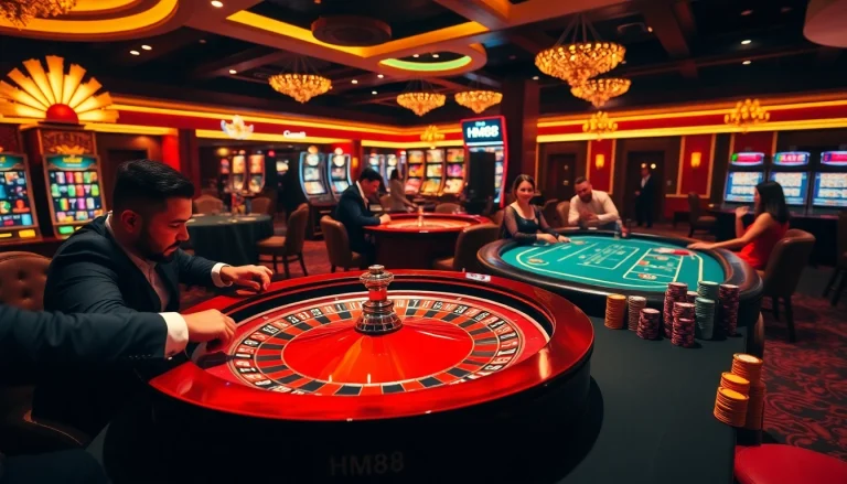 Players engaging in thrilling casino action at HM88 with roulette and poker, portraying excitement and luxury.