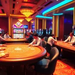 rr88 đăng nhập experience at a luxurious casino with vibrant table games and slot machines.