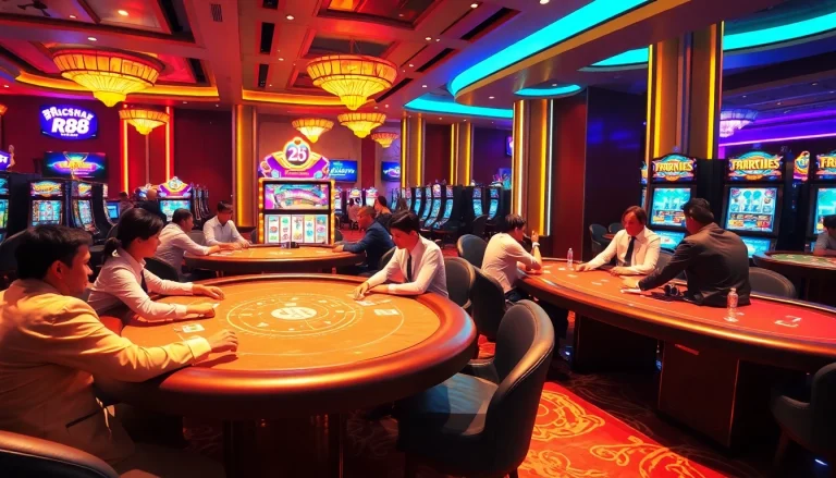 rr88 đăng nhập experience at a luxurious casino with vibrant table games and slot machines.