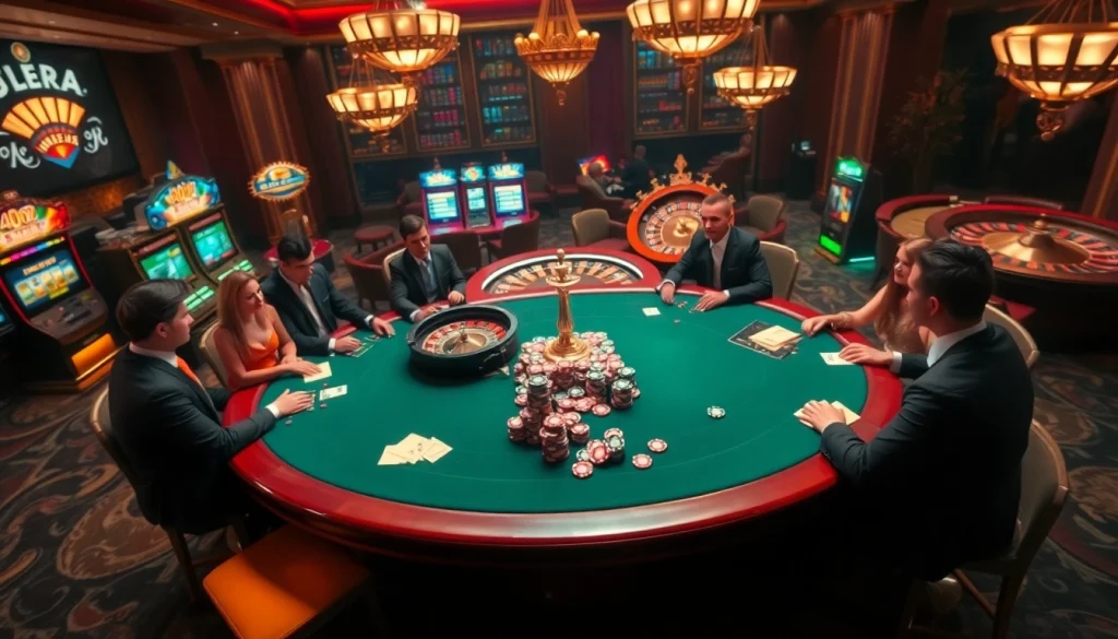 Experience the thrill of betting at https://mm88.sh/ with a vibrant casino scene featuring poker and roulette.