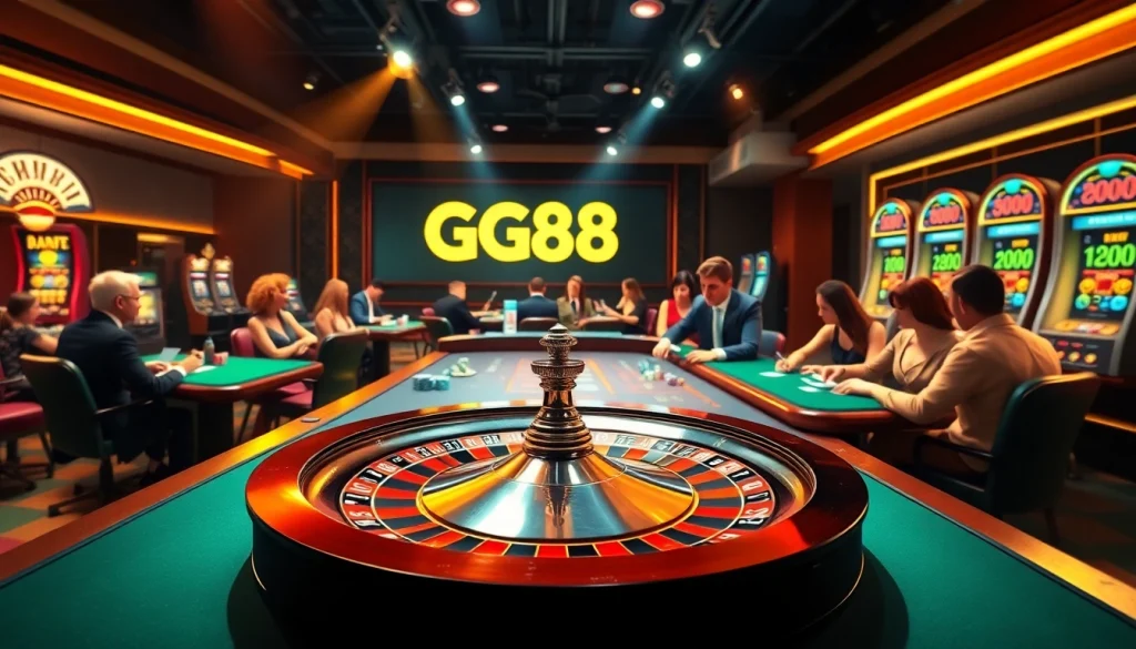 High-stakes gambling scene at GG88 featuring poker games, roulette wheel, and vibrant casino atmosphere.