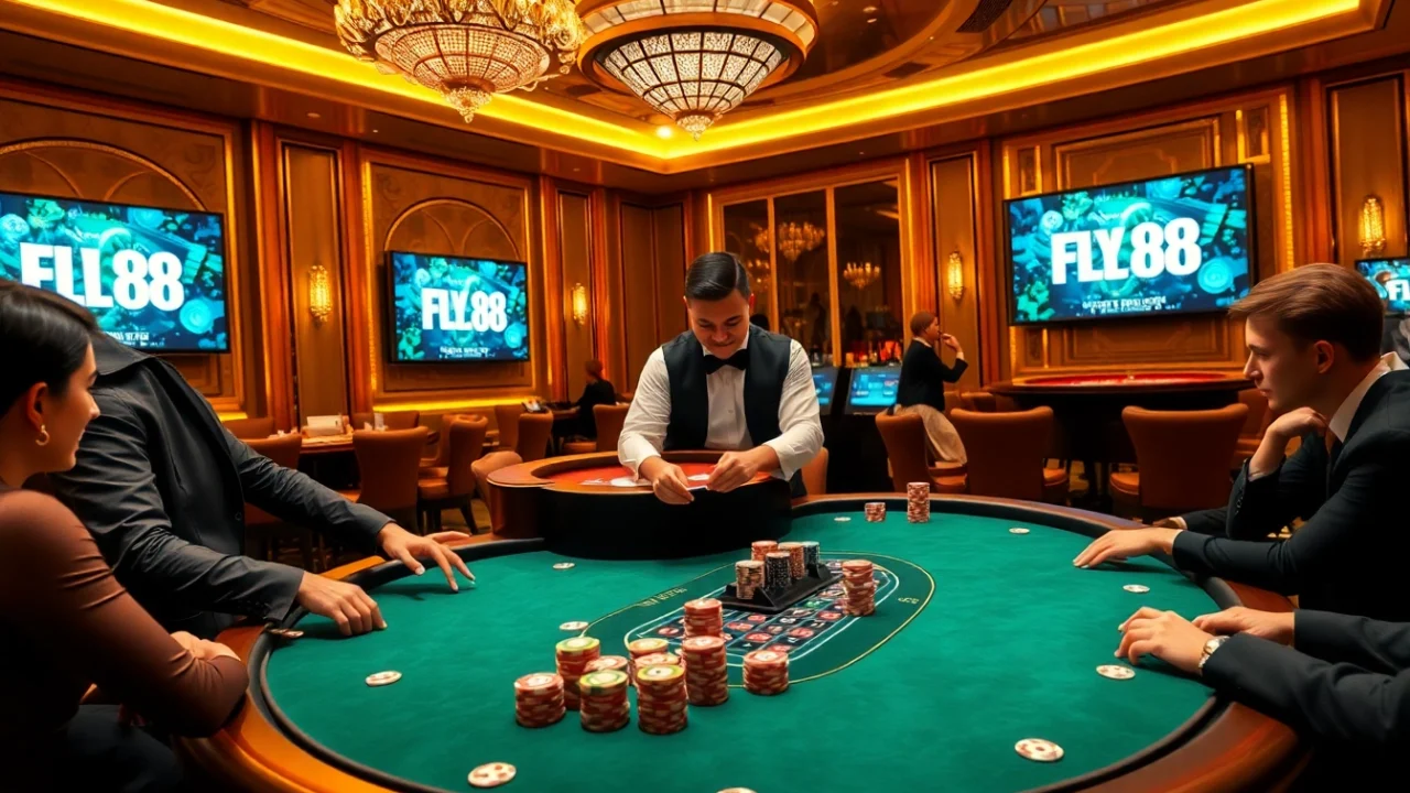 Experience the thrill of FLY88 at an upscale casino with excited players and elegant decor.