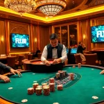 Experience the thrill of FLY88 at an upscale casino with excited players and elegant decor.