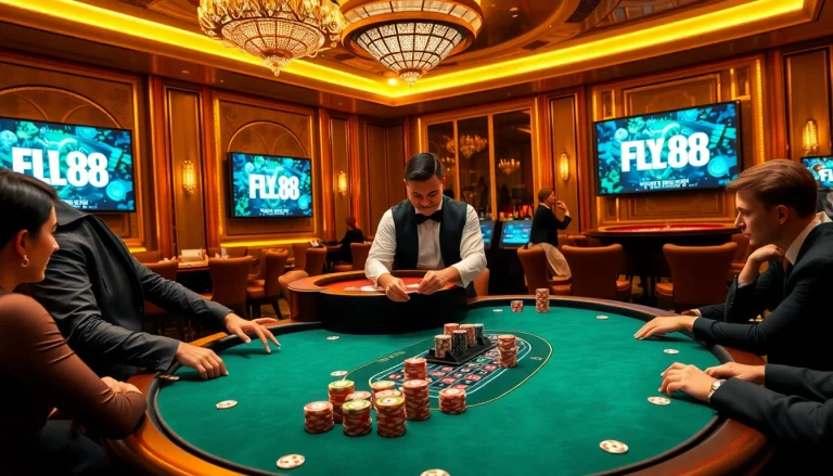 Experience the thrill of FLY88 at an upscale casino with excited players and elegant decor.