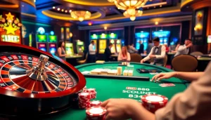 Engaging casino atmosphere showcasing rr88 link, roulette wheel, and poker chips in action.