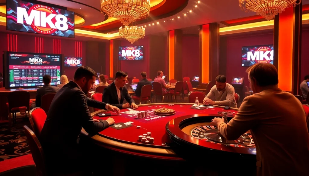 MK8 gamblers engaged in a thrilling game at a high-end casino table, capturing the excitement.