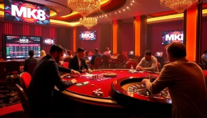 MK8 gamblers engaged in a thrilling game at a high-end casino table, capturing the excitement.