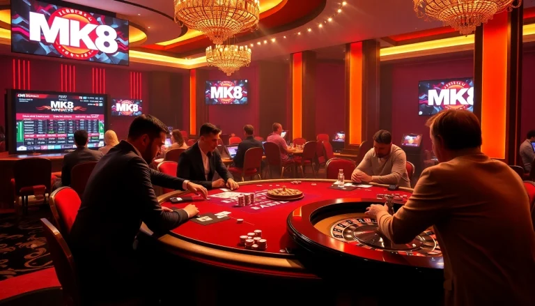 MK8 gamblers engaged in a thrilling game at a high-end casino table, capturing the excitement.