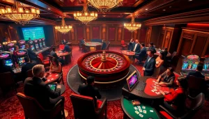 Engaged players celebrate wins at luxurious win777 casino tables adorned with colorful slot machines and a roulette wheel.