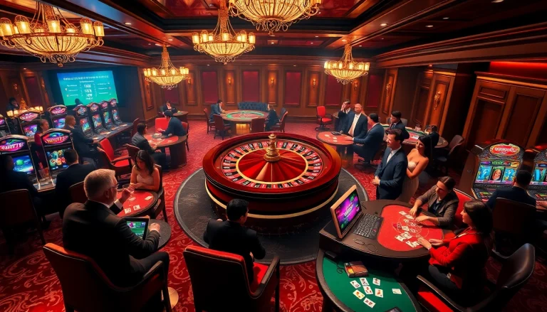 Engaged players celebrate wins at luxurious win777 casino tables adorned with colorful slot machines and a roulette wheel.