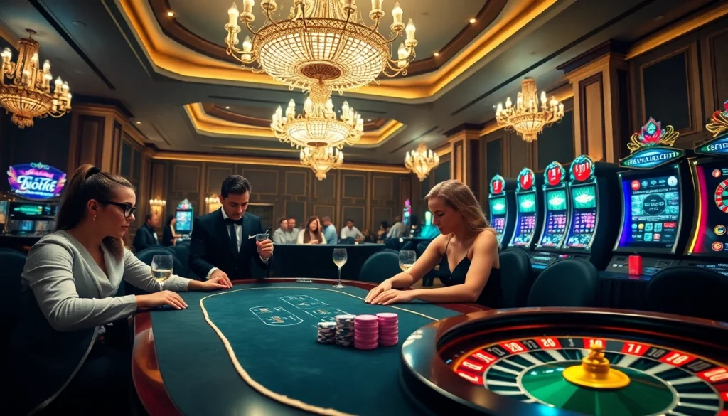 Experience the excitement of online gambling at https://vua88h.com/ with an elegant casino scene.