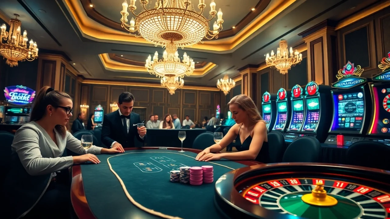 Experience the excitement of online gambling at https://vua88h.com/ with an elegant casino scene.