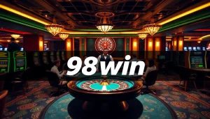 Engage in an exciting game of poker at 98win's luxurious casino with vibrant tables and slot machines.