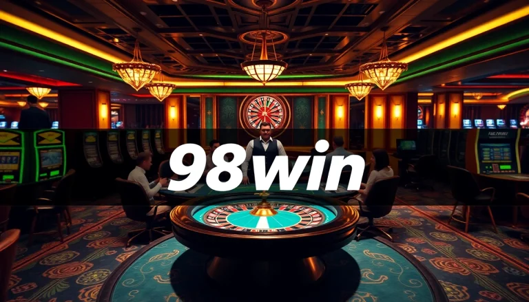 Engage in an exciting game of poker at 98win's luxurious casino with vibrant tables and slot machines.