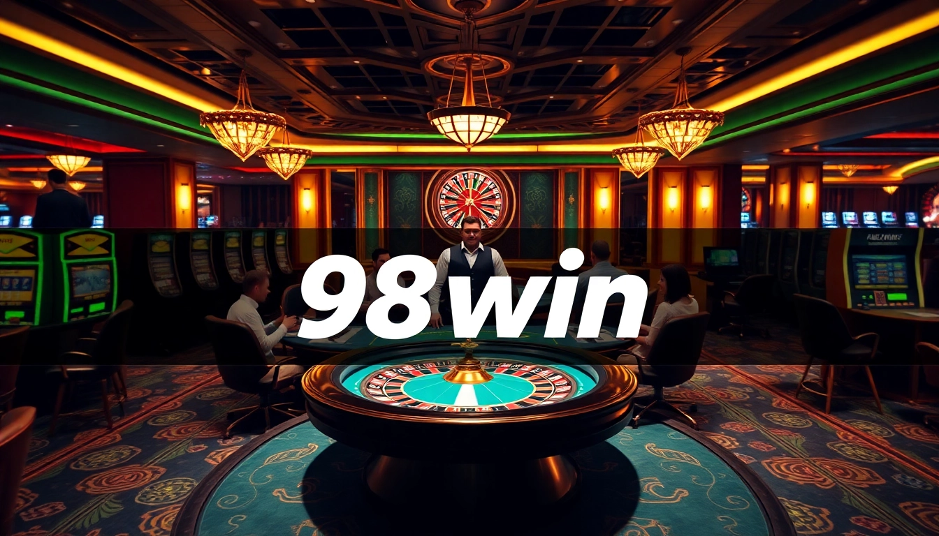 Engage in an exciting game of poker at 98win's luxurious casino with vibrant tables and slot machines.