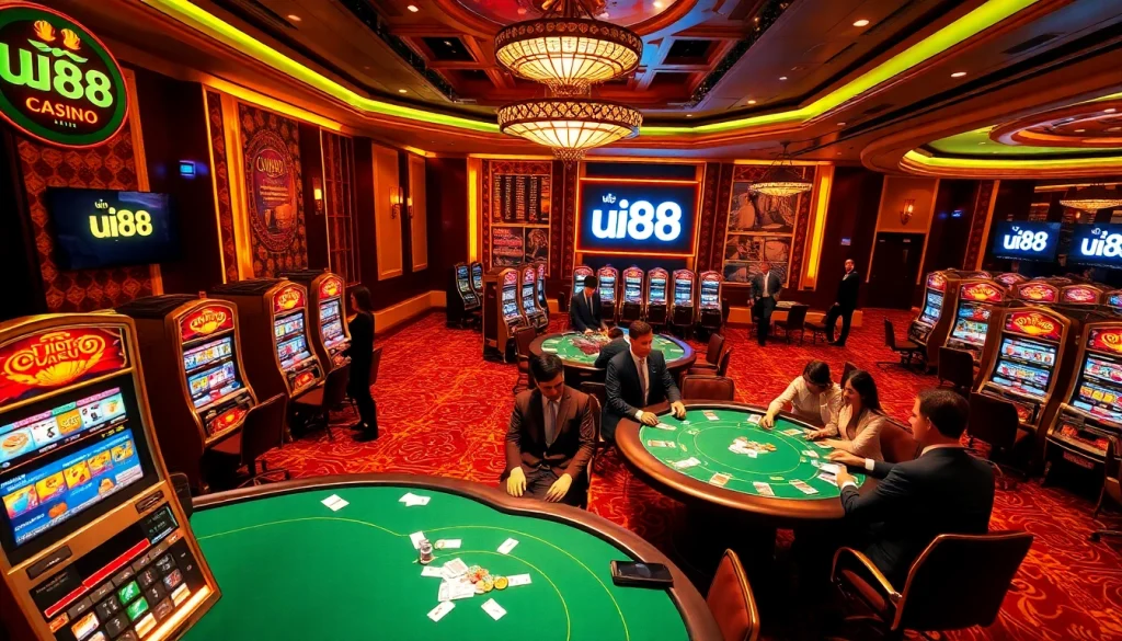 Experience the excitement of uu88 through luxurious casino gaming with vibrant poker tables and classic slot machines.