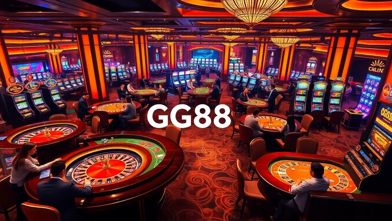 Experience the excitement of GG88 with players enjoying vibrant casino games and luxurious tables.