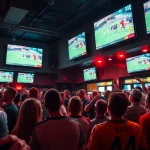 Fans enjoying the excitement of live soccer on vaoluoi tv at a lively sports bar.