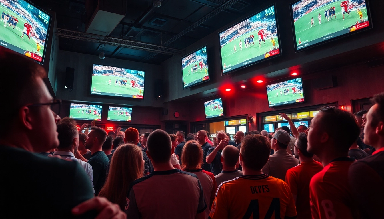Fans enjoying the excitement of live soccer on vaoluoi tv at a lively sports bar.