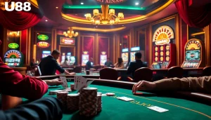Players at a luxurious poker table in nhà cái UU88, showcasing vibrant chips and cards.