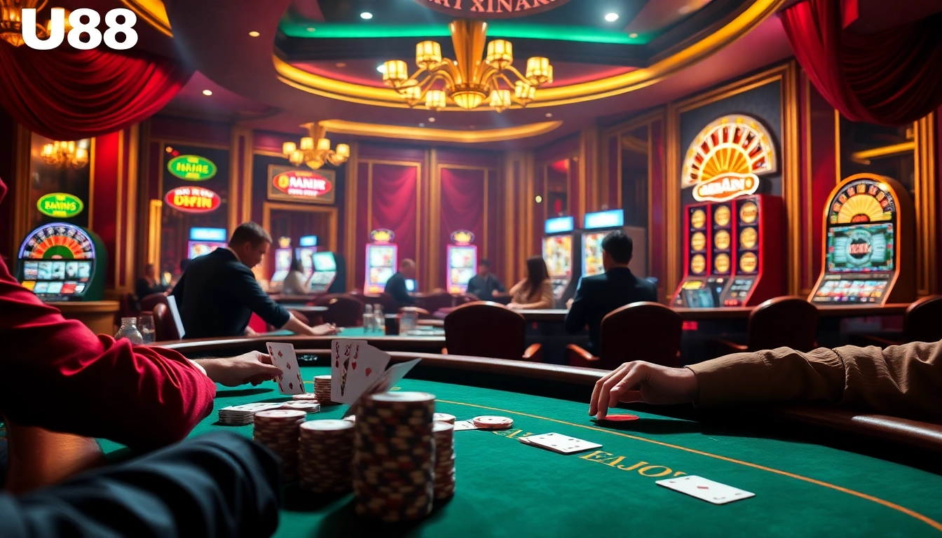 Players at a luxurious poker table in nhà cái UU88, showcasing vibrant chips and cards.