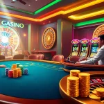 Exciting gambling action at nhà cái mm88, showcasing a lively casino table with poker players and colorful chips.
