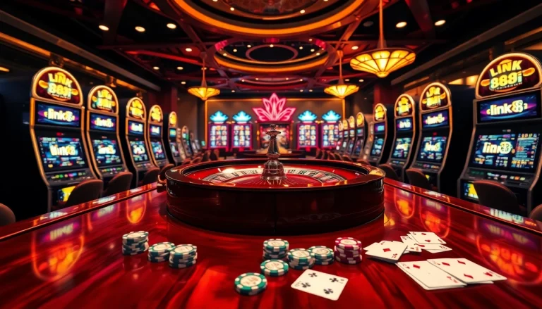 Exciting gaming scene showcasing the theme link 88i at a high-end casino with slots and a roulette wheel.