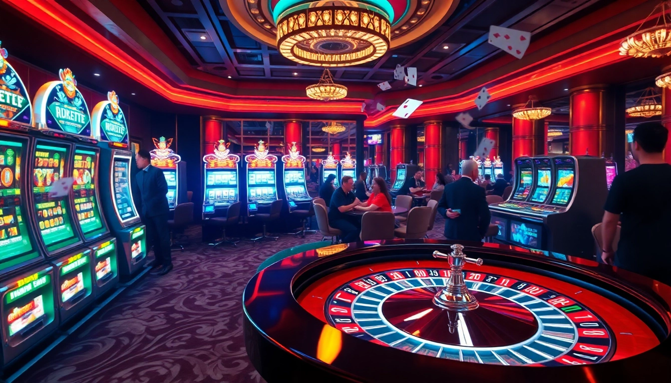 Players enjoying exciting games at lc88.art's vibrant casino atmosphere filled with roulette tables and slot machines.