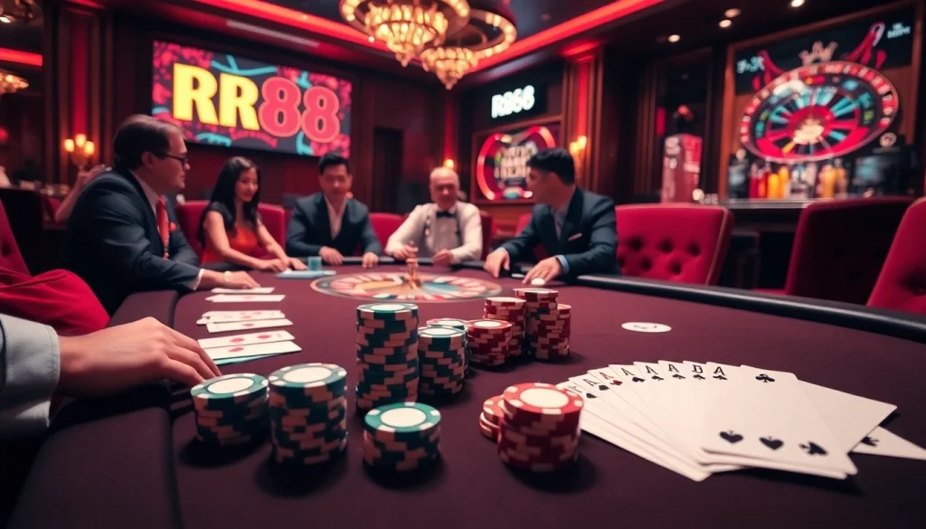 Players enjoying a thrilling game at RR88's luxurious poker table with vibrant colors.