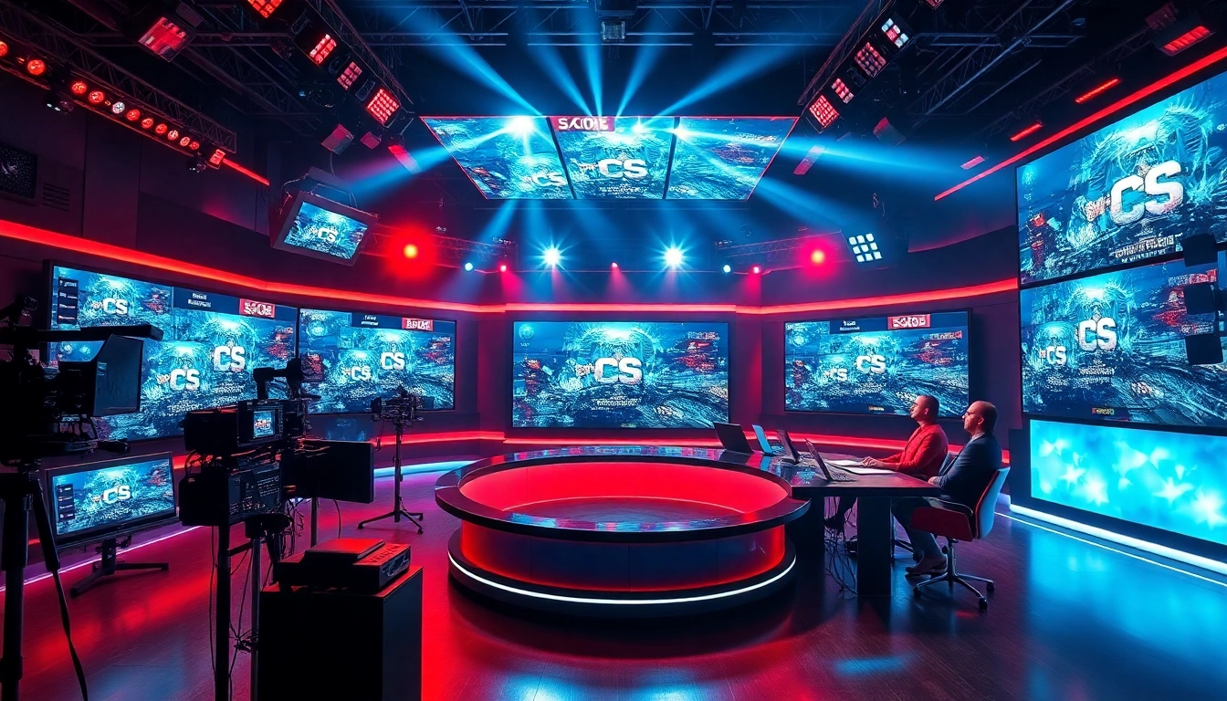 Engaging scene of sports broadcasting with hosts discussing live events and advanced technology.