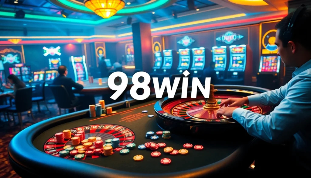 Exciting poker game at the 98win casino with luxurious decor and vibrant gambling atmosphere.
