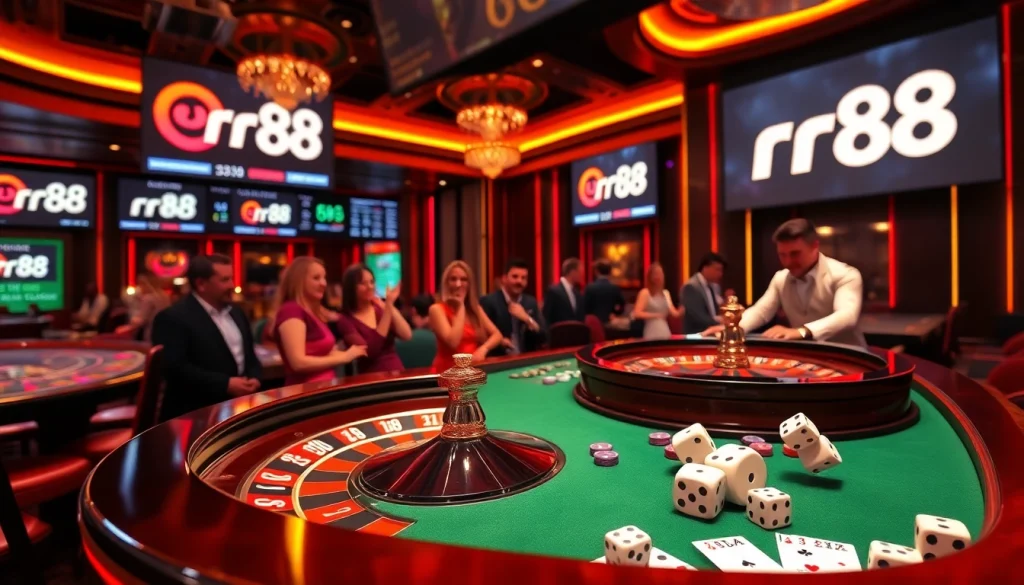 Experience the excitement of rr88 with players enjoying high-stakes gambling at a luxurious casino table.