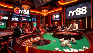 Experience the excitement of rr88 with players enjoying high-stakes gambling at a luxurious casino table.