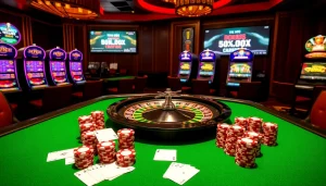 Experience the excitement of the fly88 code as players engage with roulette, poker chips, and vibrant slot machines.