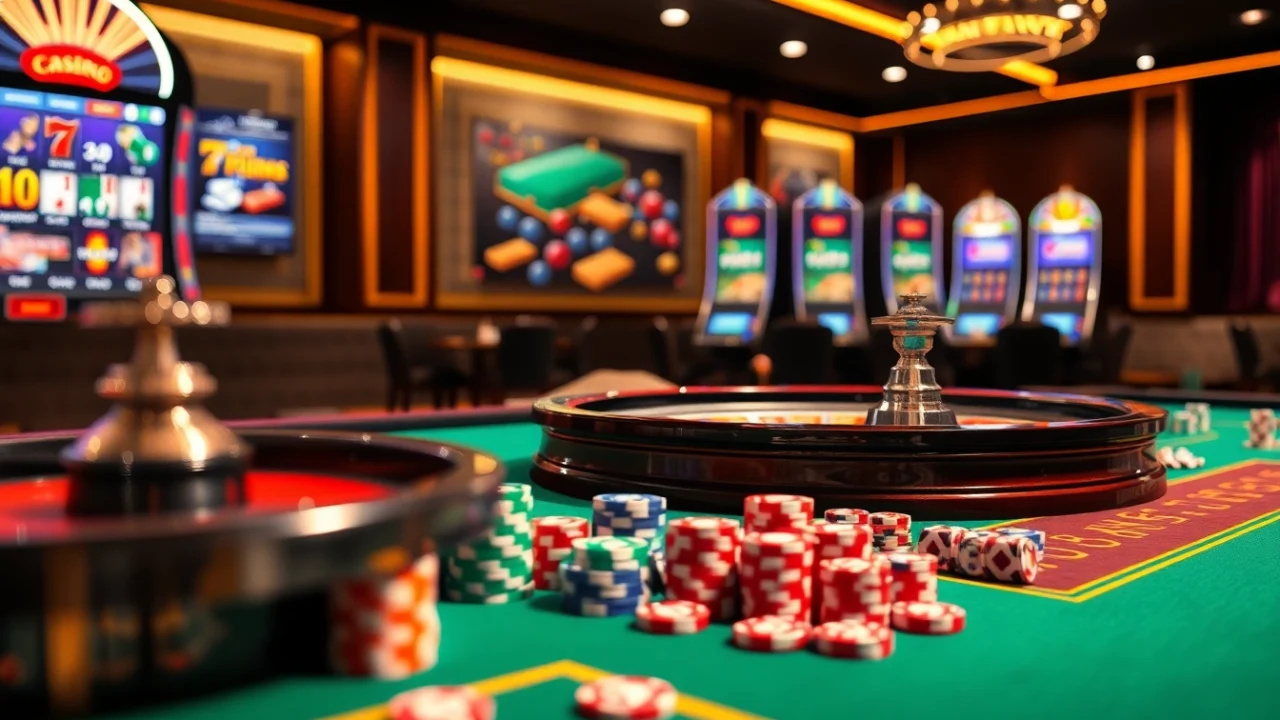 Exciting casino scene showcasing LIÊN MINH KJC with vibrant gaming tables and colorful poker chips.