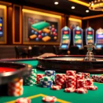 Exciting casino scene showcasing LIÊN MINH KJC with vibrant gaming tables and colorful poker chips.