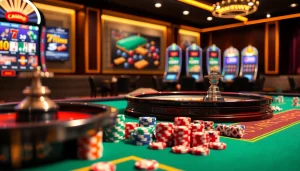 Exciting casino scene showcasing LIÊN MINH KJC with vibrant gaming tables and colorful poker chips.