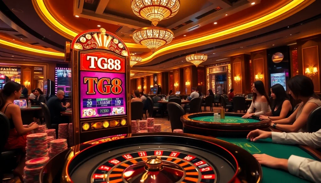 Engage with the exciting TG88 slot machine surrounded by vibrant casino elements.