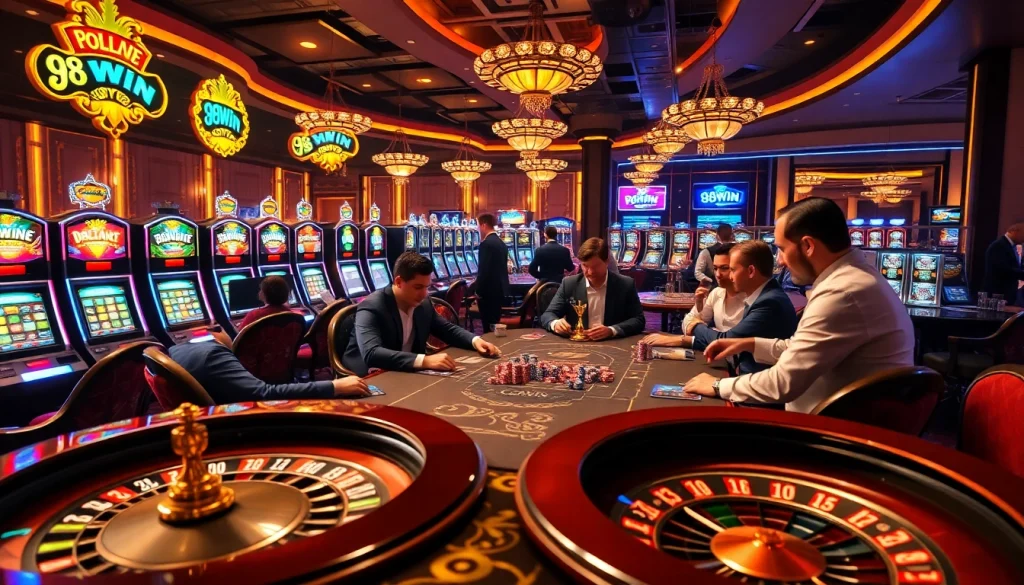 Thrilling casino atmosphere with poker, slot machines, and roulette, featuring 98win branding.
