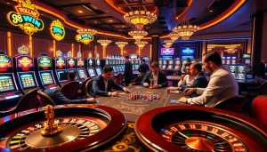 Thrilling casino atmosphere with poker, slot machines, and roulette, featuring 98win branding.